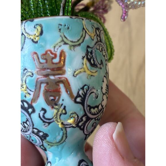 Vintage Handmade French Seed Beaded Flower Floral Bouquet Asian longevity Cup - Picture 13 of 13